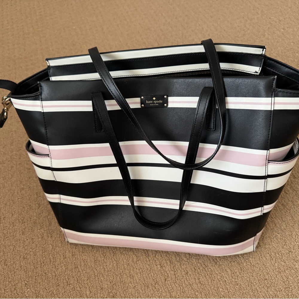 Kate Spade Black White and Pink Striped Tote, brief case, baby diaper bag